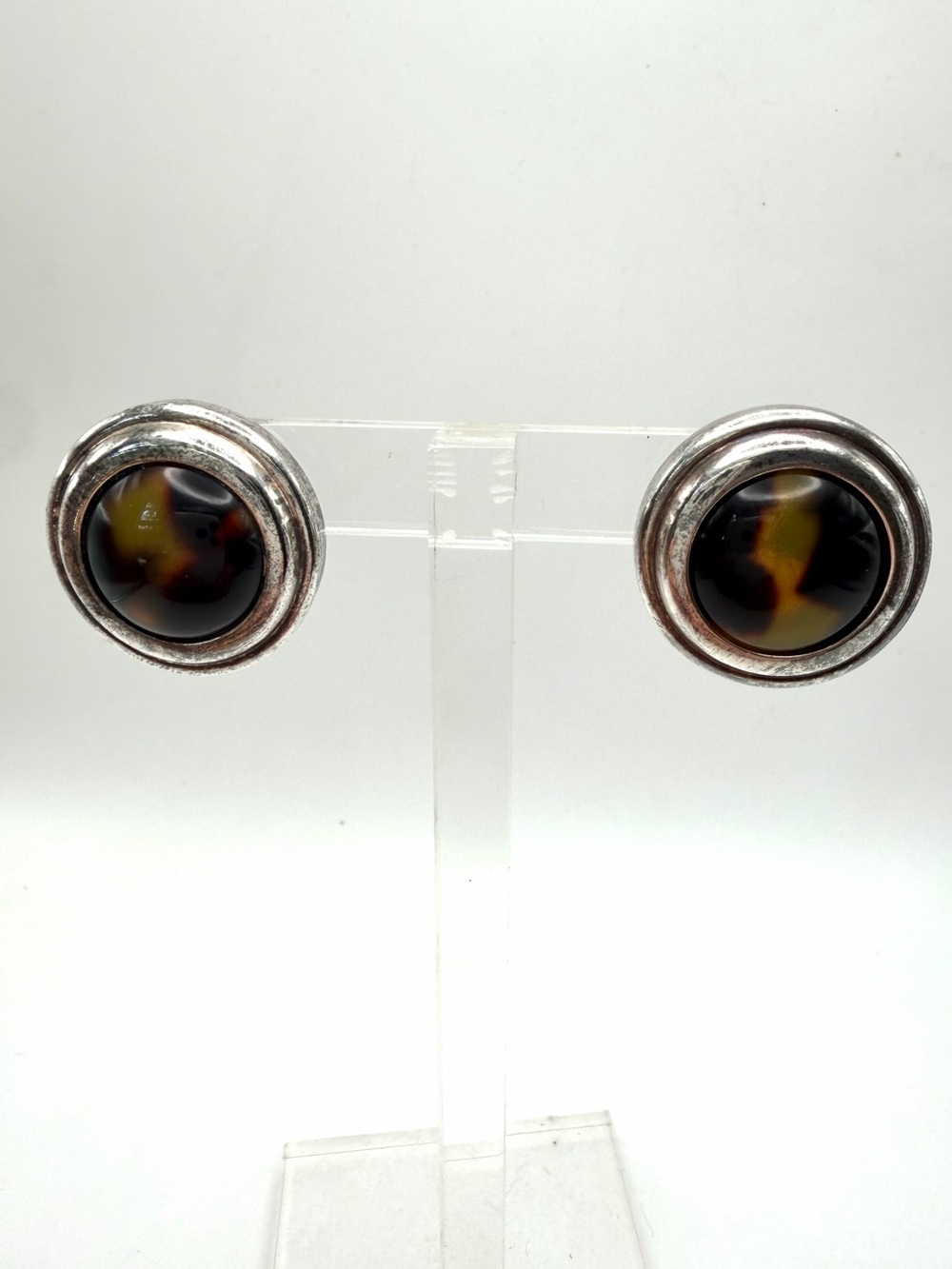 VTG Ralph Lauren Faux Tortoiseshell Clip On Earrings Silver Tone Rim 80’s-90’s